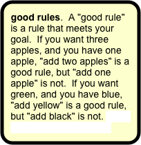 good rules.  A "good rule" is a rule that meets your goal.  If you want three apples, and you have one apple, "add two apples" is a good rule, but "add one apple" is not.  If you want green, and you have blue, "add yellow" is a good rule, but "add black" is not. More about company rules.