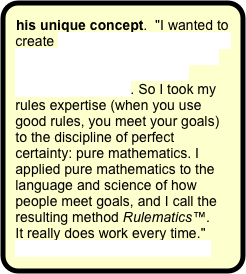 his unique concept.  "I wanted to create a goal-meeting method that would meet every business goal and outperform every other method every time. So I took my rules expertise (when you use good rules, you meet your goals) to the discipline of perfect certainty: pure mathematics. I applied pure mathematics to the language and science of how people meet goals, and I call the resulting method Rulematics™. 
It really does work every time." 
More on this unique concept.